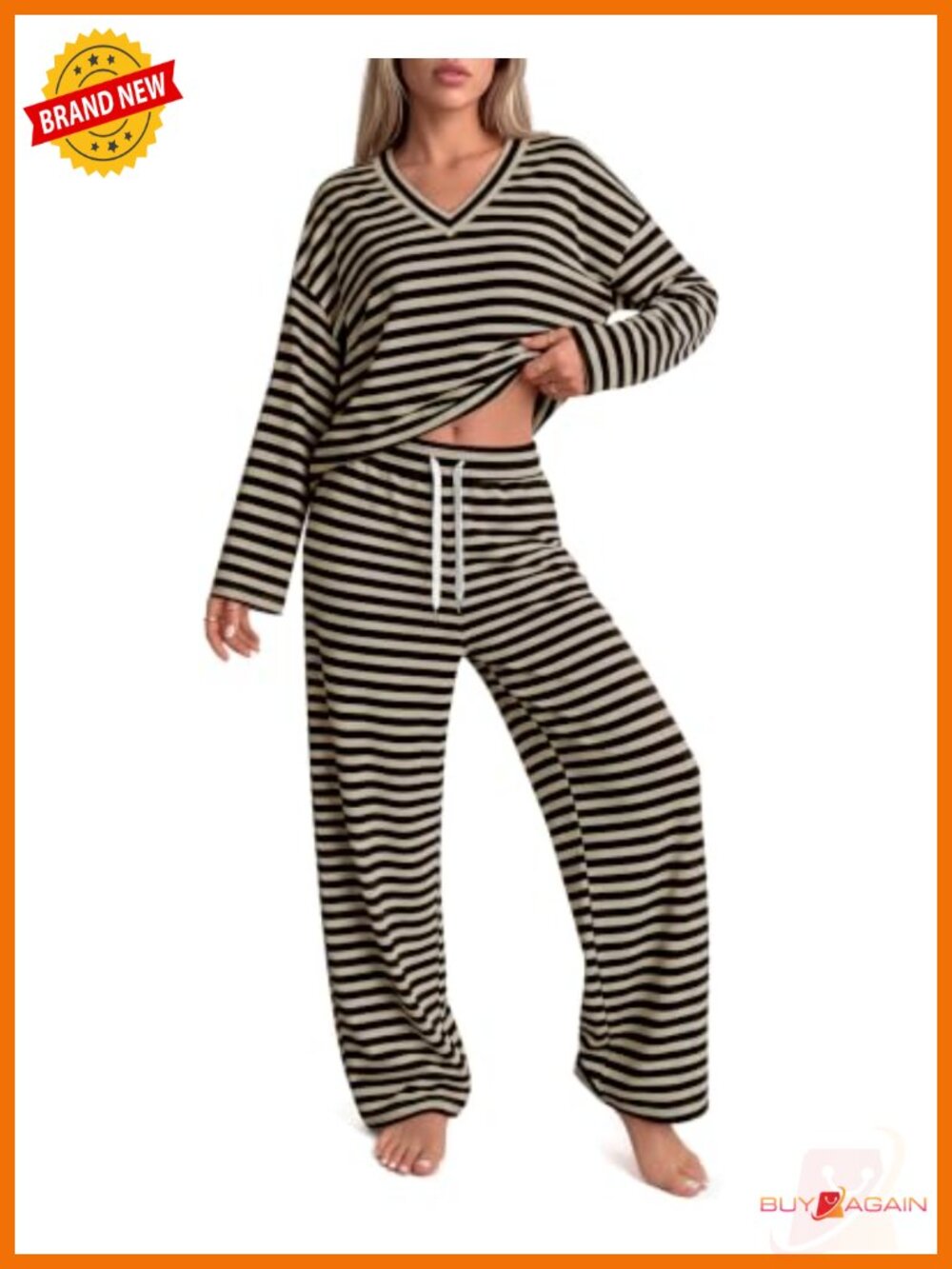 Womens Striped Lounge Set 2 Piece V Neck Long Sleeve Drawstring Pants Pockets